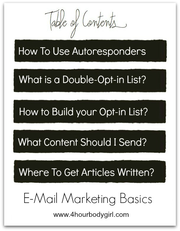 email marketing basics table of contents | www.4hourbodygirl.com
