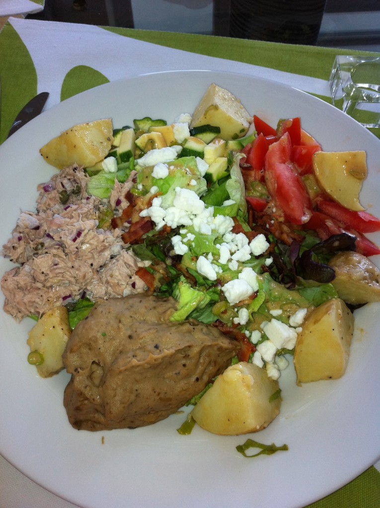 www.fourhourbodygirl.com | Tuna salad, babaganoush, potatoes and mixed green salad with goats feta