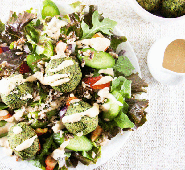 BAKED ALMOND CRUNCH FALAFEL BOWL WITH TWO SECOND DRESSING